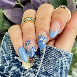 24Pcs Blue Flower Small Daisy Press on Nails Almond Medium Fake Nails Gradient Blue False Nails Spring Summer Floral Acrylic Nails Full Cover Stick on Nails Artificial Nails for Women DIY Manicure