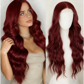 SUKRI 99j Burgundy Lace Front Wigs 13X4 Synthetic Red Burgundy Wig Long Wavy Hair with Baby Hair Pre Plucked Glueless Wigs for Women Natural Daily Use(26 Inch)