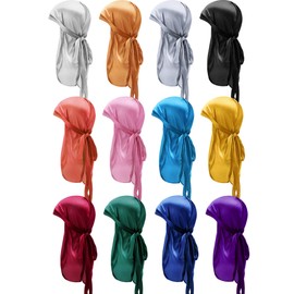 12 Pieces Silky Durag Caps Soft Long Tail Headscarf Elastic Wide Straps Headwraps for Women Men Favors, 12 Colors (Chic Mixed Colors)
