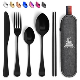 Taplord Portable Travel Silverware Set With Case, Includes 5 Pcs of Travel Utensils With Case, Stainless Steel Flatware Set For Camping, Easy to Travel, Lightweight (Black), Medium, TL-05B