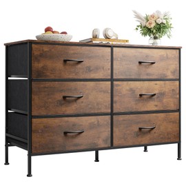 WLIVE Dresser for Bedroom with 6 Drawers, Wide Fabric Dresser TV Stand for 50 Inches TV, with Metal Frame, Wooden Top, Fabric Storage Dressers for Bedroom, Hallway, Entryway, Rustic Brown