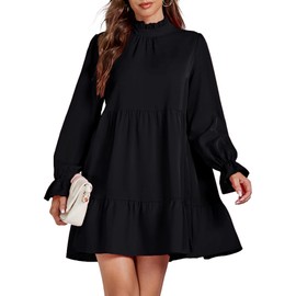 Umenlele Women's Mock Neck Long Sleeve Layered Ruffle Smocked Flowy A Line Babydoll Short Mini Dress Black X-Large