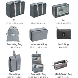 Packing Cubes, 10 Set Packing Cubes with Shoe Bag & Electronics Bag - Luggage Organizers Suitcase Travel Accessories (Grey)