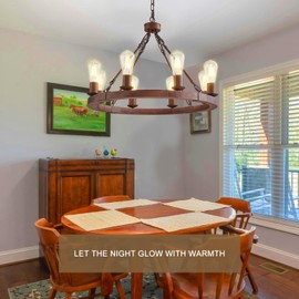 Farmhouse Wagon Wheel Chandelier 24.6" Wood Rustic Light Fixtures 8-Light Round Metal Industrial Farmhouse Dining Room Pendant Light for Living Room Foyer Entryway