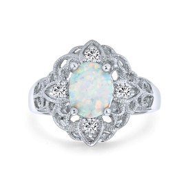 Bling Jewelry Large Oval Created White Opal Vintage Style Cubic Zirconia Ornate Filigree Flower CZ 925 Sterling Silver Ring