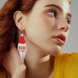HZMAN Boho Beaded Earrings for Women Acrylic Beads Santa Claus Long Tassel Dangle Earrings Fringe Christmas Earring Jewelry Gift