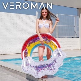 VeroMan Floating Ring 35.4 inches (90 cm), Adult Compatible, Retro Stripe x Character Pattern, Children's Arm Float, Thick Vinyl, Cute Design, Children's Swim Ring, Korean Interior (Color B)