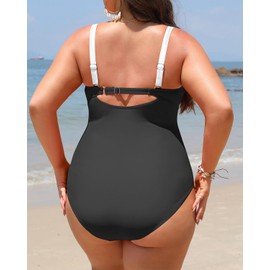 Daci Women Plus Size One Piece Swimsuits - Tummy Control Bathing Suits Full Coverage Twist Front Ruched Swimwear 2025, Black and White, 24 Plus