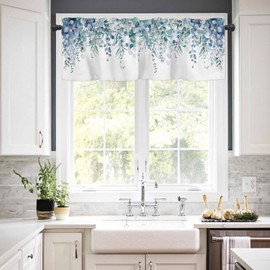 Sage Blue Eucalyptus Leaves Curtain Valance for Windows Watercolor Plants Botanical Farmhouse Window Treatments 1 Panel Rod Pocket Short Curtains for Kitchen Windows Bathroom Bedroom,54 x 18 Inch