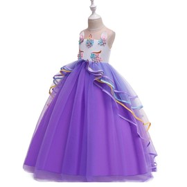 MYRISAM Girl's Unicorn Rainbow Long Tulle Dress Wedding Birthday Princess Carnival Party Performance Dance Pageant Ball Gowns Purple 8-9T