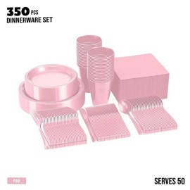 DFS 350 Pcs Pink Plastic Plates For Party, Disposable Dinnerware Set Serve 50 Guests