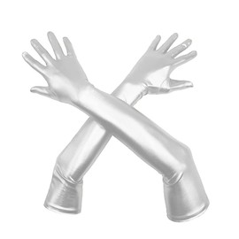 Aniler Men's and Women's 22'' Length Shiny Metallic Party Costume Long Gloves-Long Wet Look Gloves (One Size, Silver)