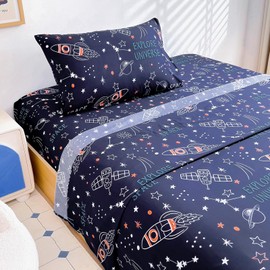 Homilay Twin Sheets Set Kids - 3 Pieces Space Rocket Universe Navy Sheets for Boys, Girls, Teens, Toddler, Easy Fit Deep Pockets, Breathable, Wrinkle-Free, Cozy Soft Cartoon Print Cute Bed Sheets