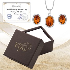 Copal Women's Jewellery Set with Amber Pendant and Earrings Made of 925 Silver with Adjustable Snake Chain, amber, Amber