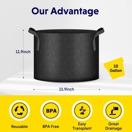 iPower 10-Pack 10 Gallon Plant Bags Heavy Duty Thickened Nonwoven Fabric Potato Growing Pot, Aeration Durable Container with Reinforced Strap Handles, Black