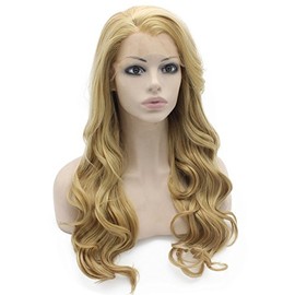 Mxangel Long Wavy Celebrity Synthetic Lace Front Half Hand Tied Heat Resistant Fiber Ash Blond Natural Wig