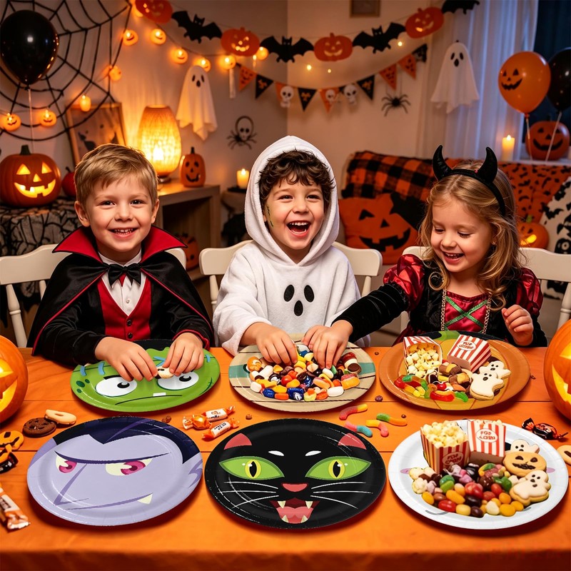 96PCS Halloween Paper Plates, Disposable Party Tableware with 6 Designs