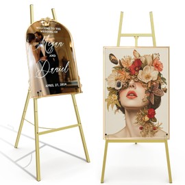Gold Easel Stand for Sign, Heavy Duty Metal Display Easel with Adjustable Chain, 4-Tier Height Art Easel for Painting, Wedding Sign, Posters & Commercial Display