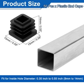 sourcing map 9/16" (15mm) Square Tubing End Caps, 50 Pcs Plastic Hole Plugs Insert End Cap for Metal Tubing Post Chair Leg Table Bookshelves Furniture, Black