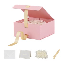 Small Gift Boxes with Lids 5 Pack 6X6X3 Inch Pink Gift Box with Ribbon Foldable Gift Boxes for Presents、Bridesmaid Proposal Box、Wedding Gifts、Shredded Paper Filler & Cards