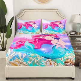 Mermaid Fitted Bottom Sheet Full Size Beautiful Mermaid Fairy Tale Bed Sheet 3 Pieces Fits MattressShinny Undersea World Soft Microfiber Sheets Breathable Bedding Kids Teens