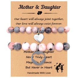 2Pcs Mother Daughter Bracelets, WGXIA Matching Heart Pink Natural Stone Beads Bracelet for Mom & Daughter Birthday Mothers Day Jewelry Gifts