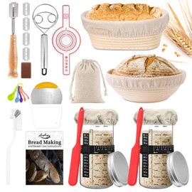Amgkonp 22Pack 35oz Sourdough Starter Jar kit with 9 Inch Round & 10 Inch Oval Banneton Bread Proofing Basket Set,Scraper,Sourdough Bread Baking Supplies,Gift for Beginners and Bakers