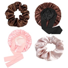 Silk Hood for Sleeping, Pack of 2 Double-Sided Sleep Caps Silk with Elastic Waistband, Ideal for Curls and Long Hair, Includes 2 Hair Bobbles