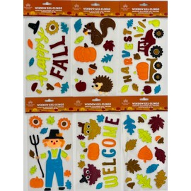 Fall Gel Cling Stickers for Windows and Mirrors - 6 Sheets of Reusable Seasonal Designs: Scarecrow, Foilage, Tractor, Pumpkins, Woodland Animals and More!