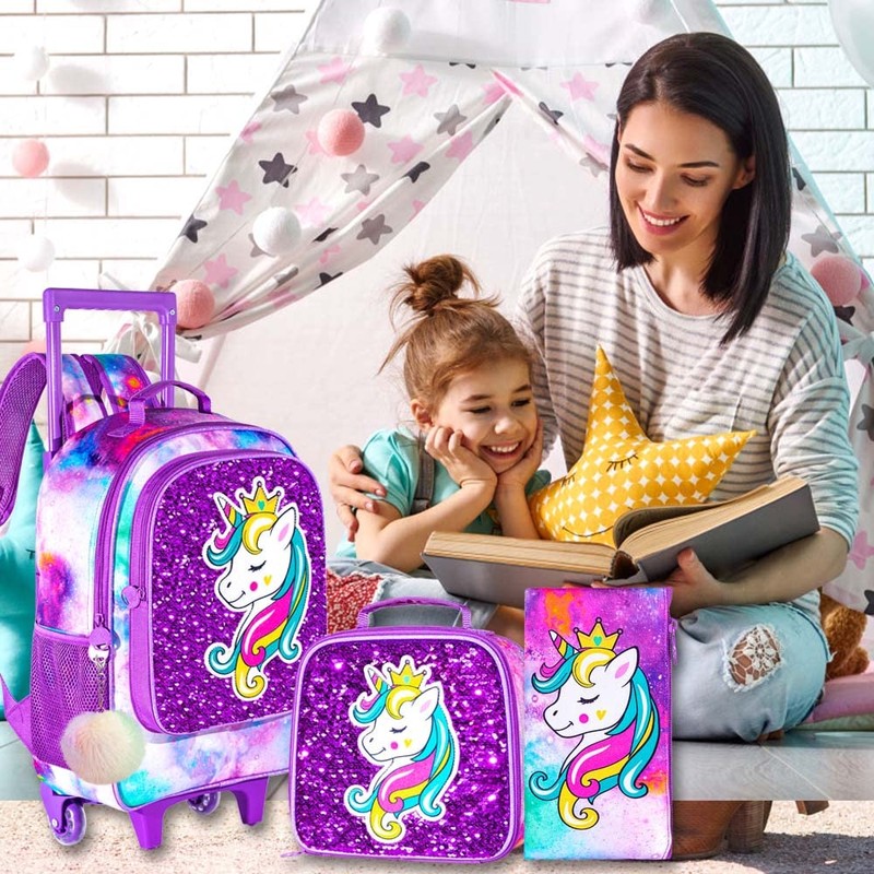 FTJCF 3PCS Rolling Backpack for Girls, Kids Unicorn Roller Bookbag