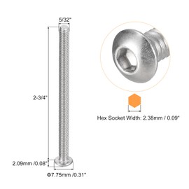 uxcell #8-32x2-3/4 Button Head Socket Cap Screws, 20pcs 304 Stainless Steel Fasteners Hex Bolts Screws, Full Thread Hex Drive Screws