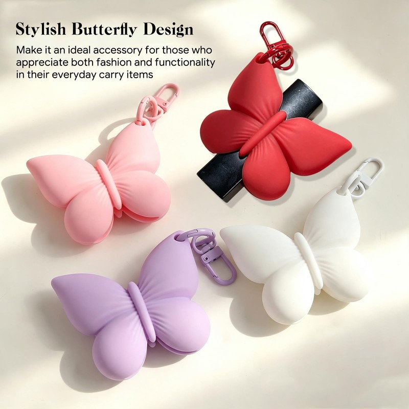 4PCS Butterfly Silicone Lipstick Holder Keychain, Fit Lip Balm/Lip Tint