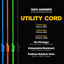 emma kites Black UHMWPE Braided Cord High Strength Least Stretch Tent Tarp Rain Fly Guyline Hammock Ridgeline Suspension for Camping Hiking Backpacking Survival Recreational Marine Outdoors 100Ft 600Lb