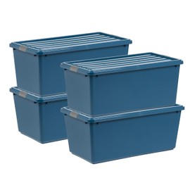 IRIS USA 91 Qt Stackable Plastic Storage Bins with Lids, 4 Pack - BPA-Free, Eco-Friendly, Discreet Organizing Solution, Latches, Durable Nestable Containers, Secure Pull Handle, Made in USA - Navy