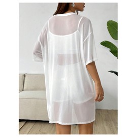 Verdusa Women's Sheer Mesh Dress Loose See Through Half Sleeve Beach Cover Up, White, Small