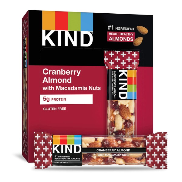 KIND Bars, Cranberry Almond with Macadamia Nuts , Gluten Free, Low Sugar, 1.4oz, 12 Count