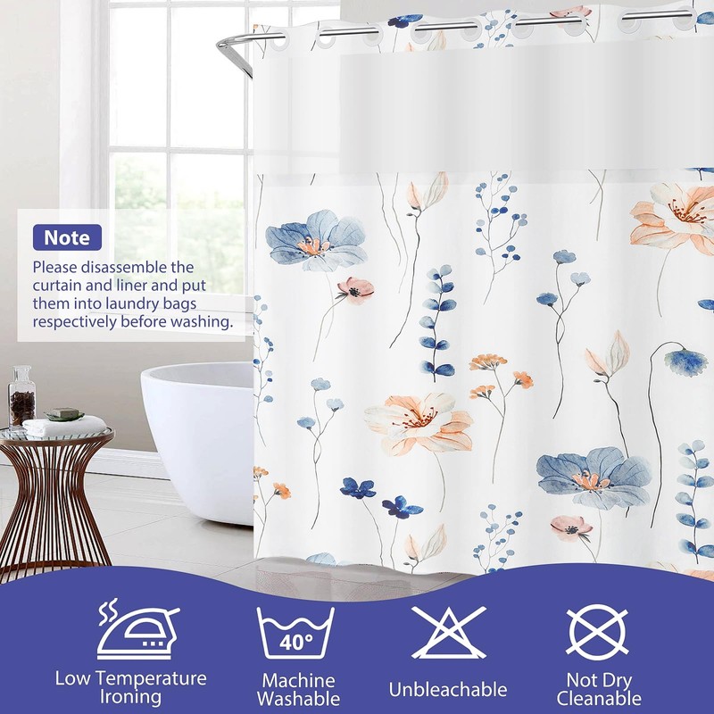 No Hook Floral Shower Curtain with Snap in Liner, Double