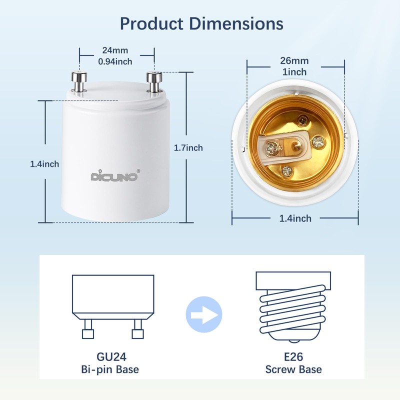 DiCUNO GU24 to E26 Adapter, 160℃ Heat Resistant, Maximum Wattage