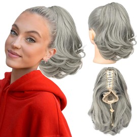 KooKaStyle Ponytail Extension, 10" Short Claw Clip in Pony Tails Hair Extensions Curly Wavy Synthetic Drawstring Hairpieces for Women(Smokey Silver)