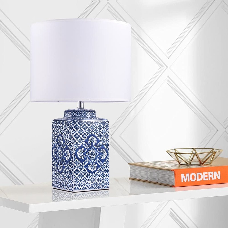 Pasargad Home Margaret Metal & Ceramic Modern Table Lamp, White/Blue