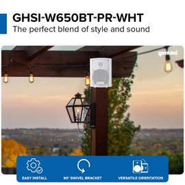 Gemini Sound GHSI-W650BT 6.5" Outdoor Bluetooth Speakers – Wired Powered IP44 Waterproof Wall Mount Pair for Patios, Rust-Proof Aluminum Grills, Expandable to 16 Speakers, Immersive Sound (White)