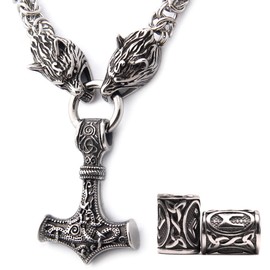 GUNGNEER Thor Hammer Pendant Viking Mjolnir Necklace for Men with Wolf Head King Chain, Stainless Steel, 2 Rune Beads Gift