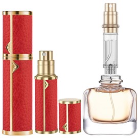 LYAPEONY 5ml Mini Portable Refillable Perfume Spray Bottle,with Bottom Filling Design, Genuine Leather Shell, Nanoscale Sprinkler, Great Companion for Travel and Business (Red)