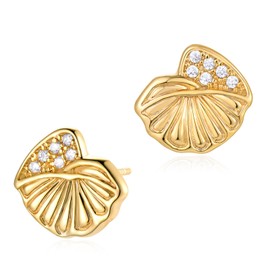 MEVECCO Gold Shell Stud Earrings For Women 18K Gold Plated Dainty Cubic Zircon Seashell Earrings with CZ Simple Nautical Beach Earrings for Her Jewelry Gifts
