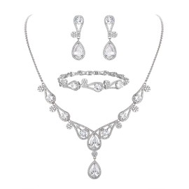 Ever Faith Women's CZ Wedding Y Shape Flower Teardrop Necklace Earrings Bracelet Set Clear Silver-Tone