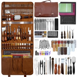 EDIETH Professional Leather Craft Tools Kit Leather Working & Tooling Set with High-Carbon Steel Stamping, Punching, Sewing, Engraving Tools, Custom Cutting Mats for Leathercraft Projects