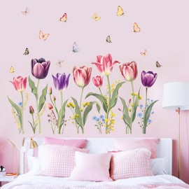 Flower Wall Stickers for Girls Room: Peel and Stick Pink Wildflower Tulip Floral Wall Decals - Baby Nursery Girl Bedroom Living Room Home Art Wall Decor