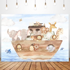 Glawry Noah's Ark Baby Shower Backdrop for Photography 5Wx3H Feet Cute Cartoon Woodland Animals Blue Ocean Lovely Clouds Newborn Kids Party Decorations Photoshoot Background Photo Booth Studio