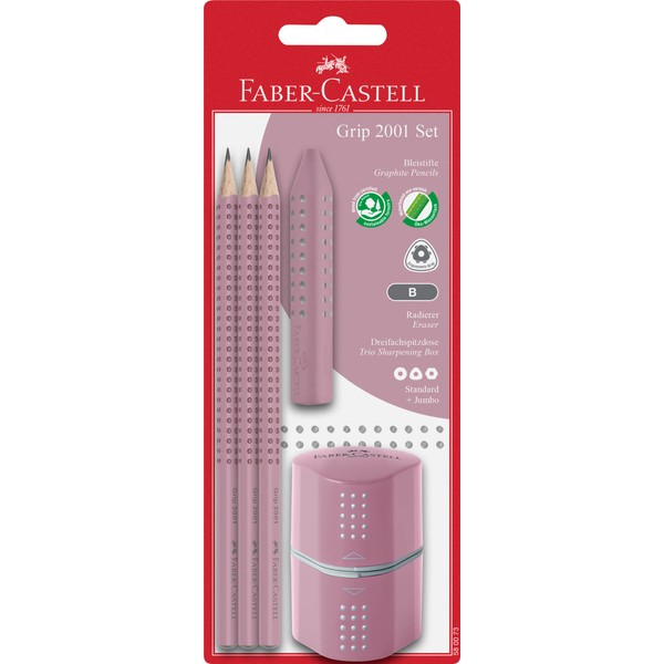 Faber-Castell Grip 2001 580073 Pencil Set Three Pencils Hardness B with Eraser and Sharpener Rose Shadows