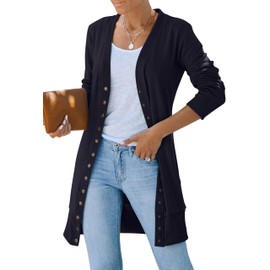 MEROKEETY Women's 2025 Fall Long Sleeve Snap Button Down Solid Color Knit Ribbed Neckline Cardigans Black